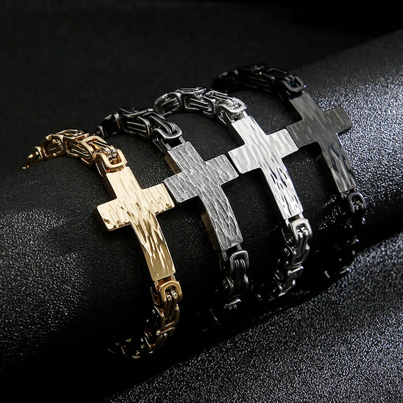 

Classic Christian Cross Charm Bracelets For Men Punk Vintage Stainless Steel Byzantine Chain Bracelet Bangle Jewelry Accessories