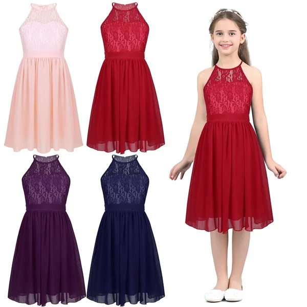 

Girl's Halter Lace Chiffon Junior Bridesmaid Wedding Flower Girl Dress Dance Prom Gown