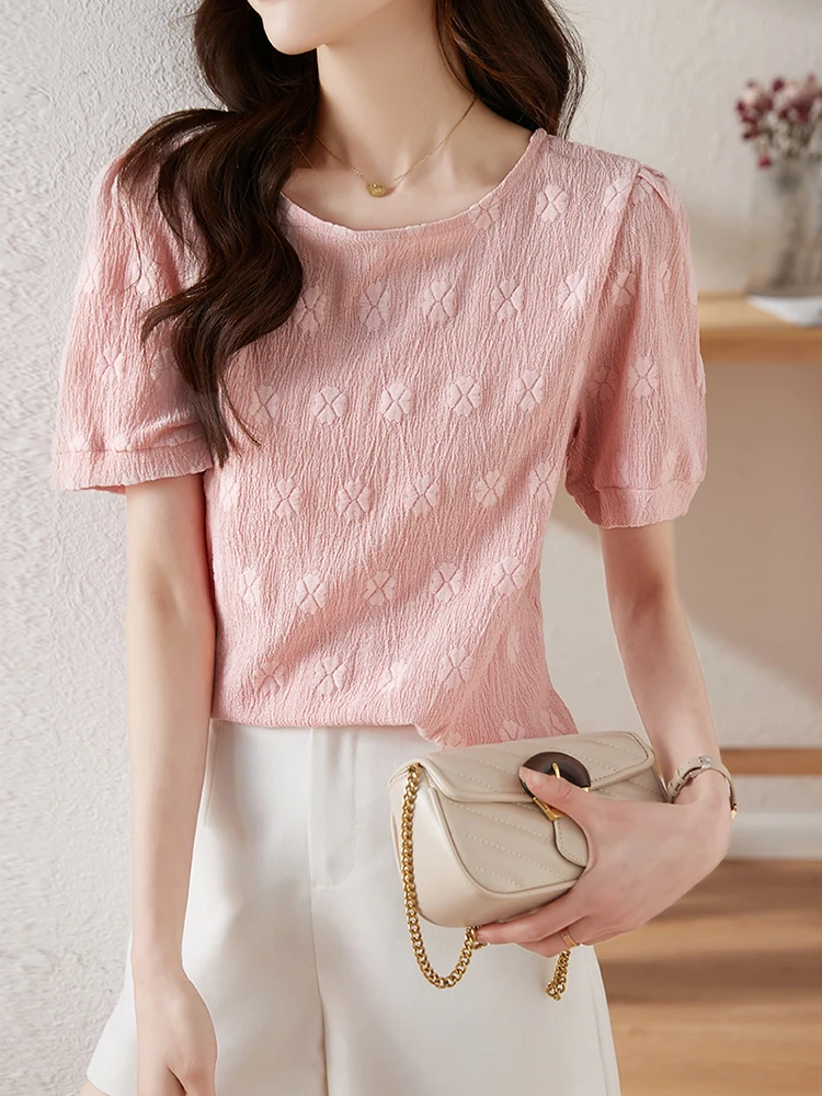 Женский шифоновый топ с коротким рукавом пышными рукавами