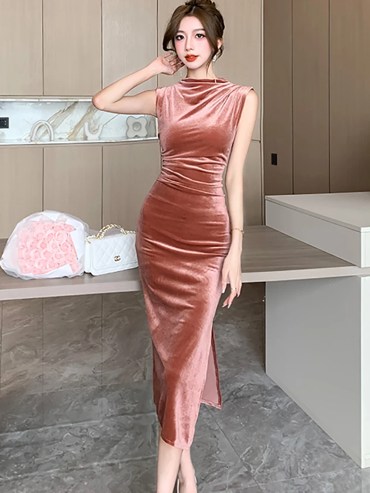 

Женское длинное бархатное платье без рукавов, розовое облегающее платье для выпускного вечера, винтажное платье в Корейском стиле, Осень-зима 2023