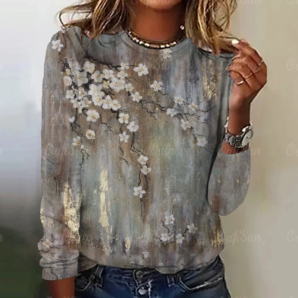 

Women's Long Sleeve Flower Pattern Printed Round Neck Vintage Pullover Casual Daily Aesthetic Female Tops Colorful Autumn Winter