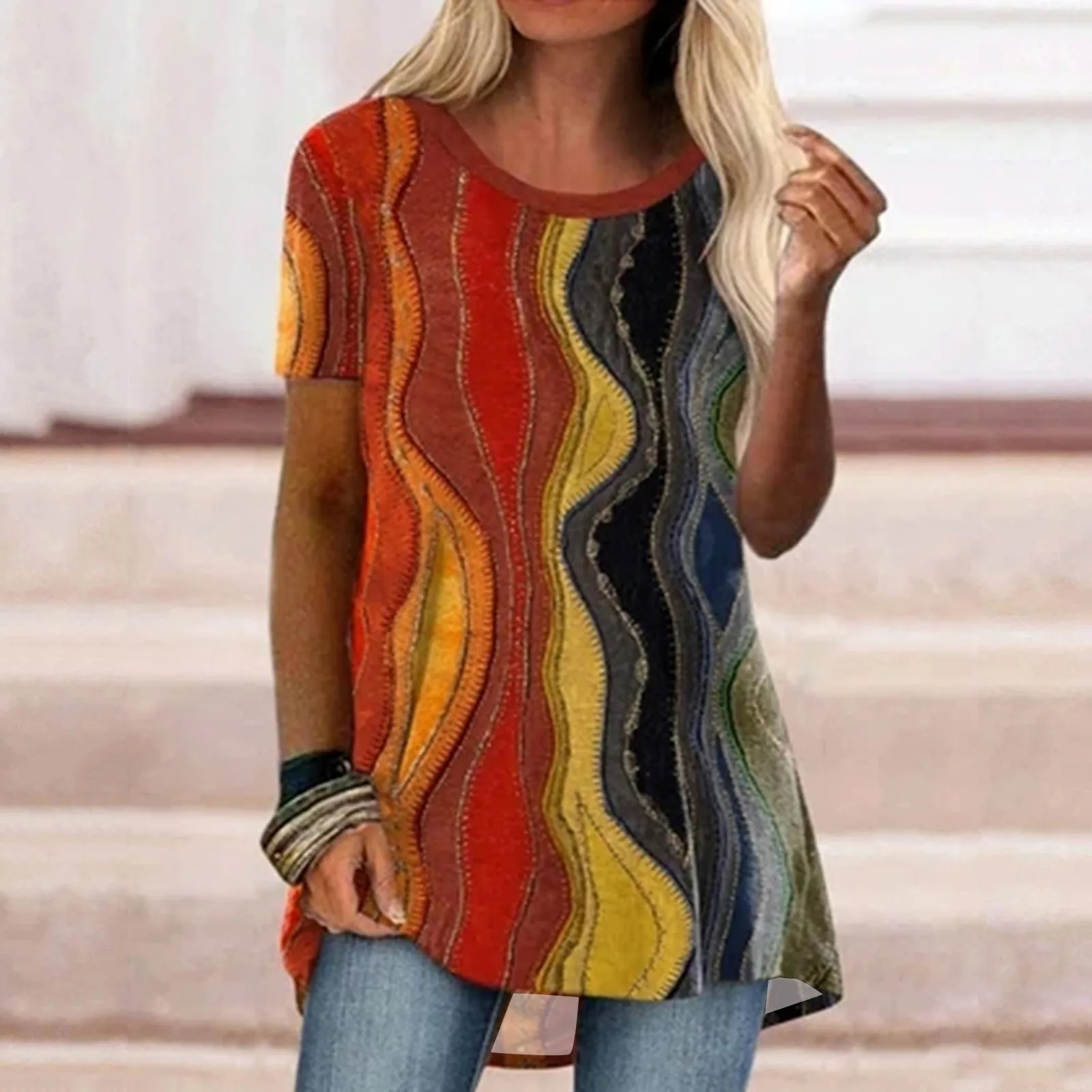 

Women Summer Fashion Casual Flower Printed Short Sleeve O Neck Pullover Tops Mom Lounge Shirt