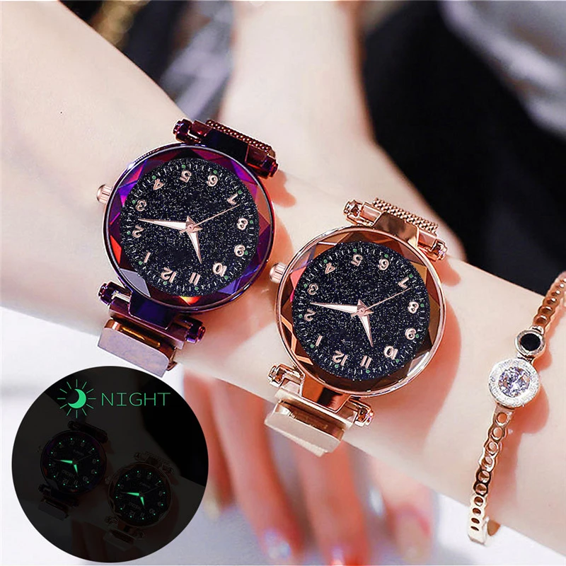 

Women watch fluorescence Starry sky numeral Milan Magnet Buckle Luxury Fashion Ladies Geometric Roman Numeral Quartz Watch