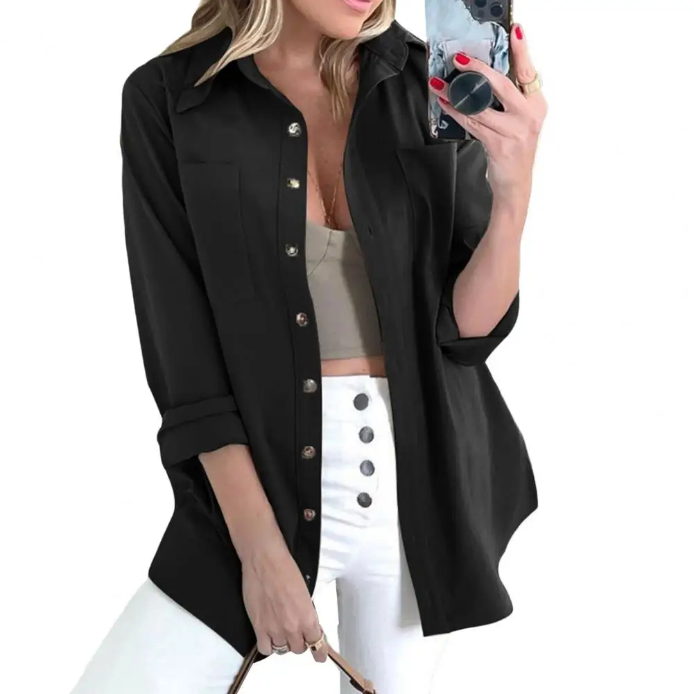 

2022 Women Shirt Autumn Lapel Long Sleeves Patch Pockets Single-breasted Placket Solid Color Loose Lady Shirt Blouse Workwear