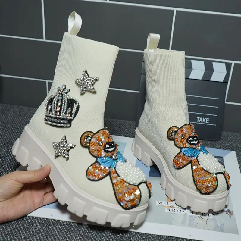 

Эластичные вязаные носки, парусиновая обувь, женская повседневная прогулочная обувь с толстой подошвой и высоким верхом с узором в тяжелой ...