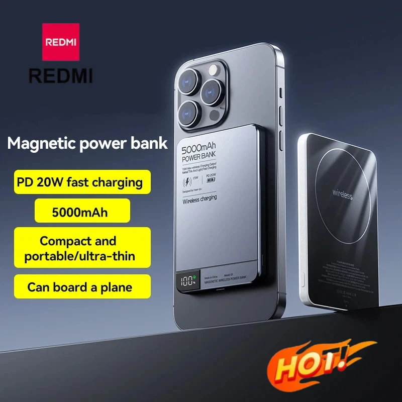 Фото Магнитный беспроводной внешний аккумулятор REDMI 10000 мАч с быстрой зарядкой PD22.5W, тонкий портативный аккумулятор для Magsafe, для iPhone и Samsung №2