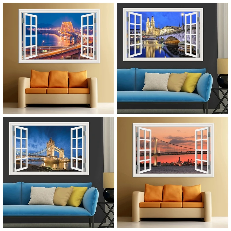 

Vinyl Decal Cross-sea Bridge 3D Wall Sticker Night City Landscape Wallpaper Picture For Kids Rooms Kitchen Decor Aesthetic