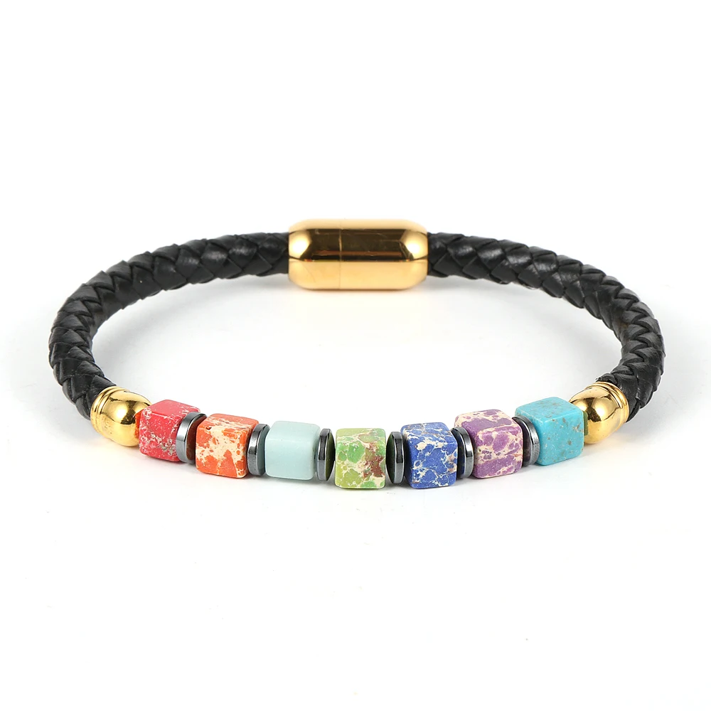 

7 Chakra Hematite Space Bead Genuine Leather Girls Bracelet Cube Emperor Stone Gold Silver Magnetic Clasp Women Bangle Jewelry