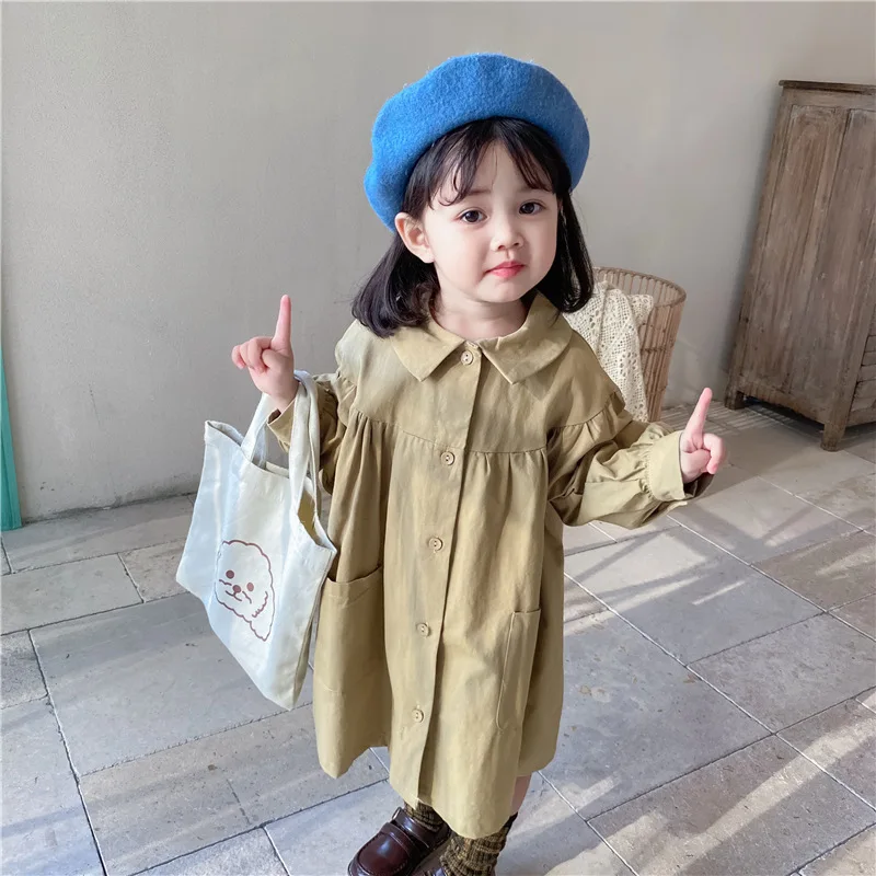 

2022 Korean Children's Clothing Girls Baby Doll Windbreaker Children's Lapel Loose and Cute Single-breasted Coat