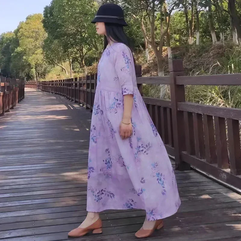 Женское дышащее платье из натуральной ткани рами длинное летнее с цифровым