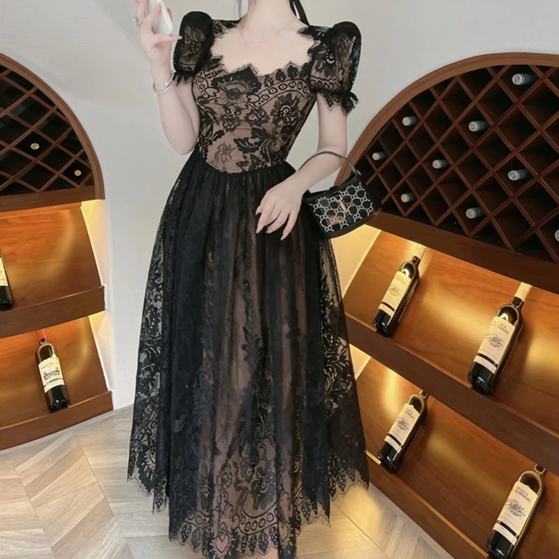

2022 Black Lace Dress Women Square Neck Puff Sleeve Elegance Sexy Party Dresses Women Clothing High Waisted Bodycon Flower