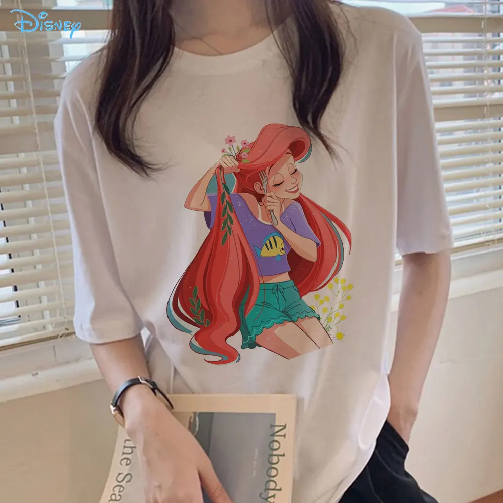 

Футболка в стиле Харадзюку с изображением Принцессы Диснея, русалки, мультяшный рисунок, милые футболки с коротким рукавом, летние модные т...