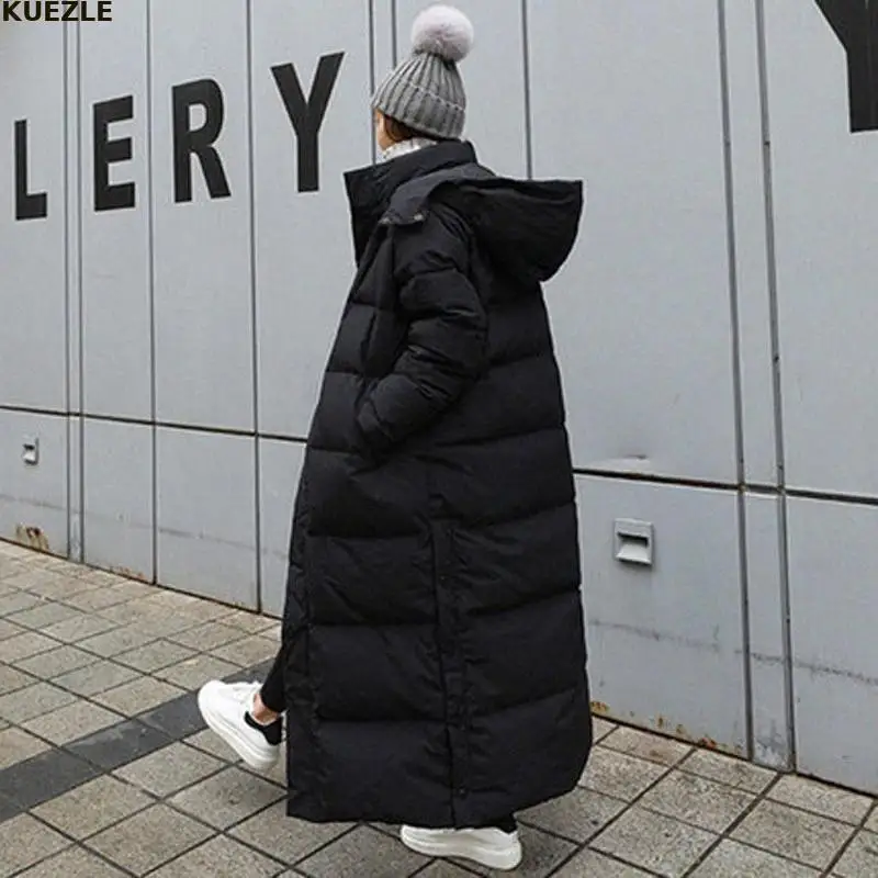 

2022 New Parka Coat Extra Long Winter Jacket Women Hooded Pocket Zipper Female Lady Windbreaker Overcoat Casual Outwear Clothing