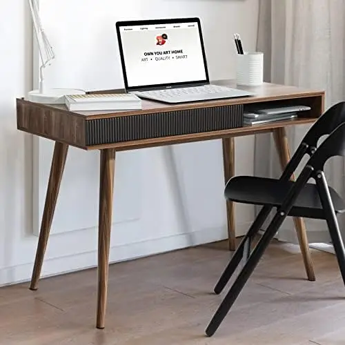 

Writing Desk with Drawer Mid Century Modern Desk, Small Wooden Home Office Desk Table Simple Computer Desk for Small Places, by