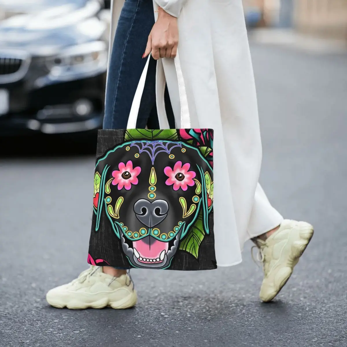 

Labrador Retriever In Black- Day Of The Dead Lab Sugar Skull Dog Women Totes canvas handbag canvas shopping bag