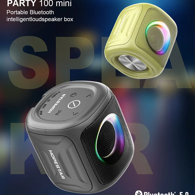 Портативный мини-динамик Party100, домашний водонепроницаемый сабвуфер с синими зубьями, с FM-радио, яркий, с батареей 2400 мАч