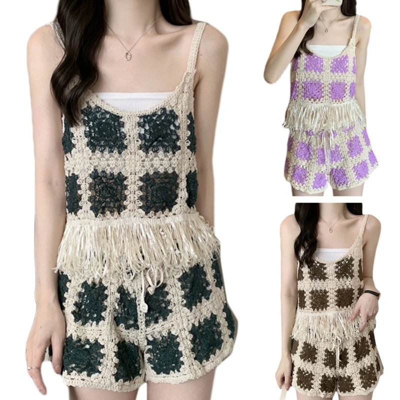 

Ethnic Style Crochet Grid Camis Two Piece Set Women Summer Boho Tops Young Girl