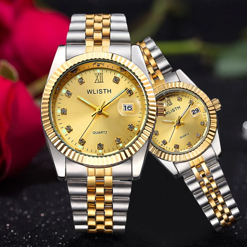 WLISTH Top Brand Luxury Gold Watch Men Women Watches Auto Date Waterproof Couple Watch Fashion Stainless Steel Watch Set Clock