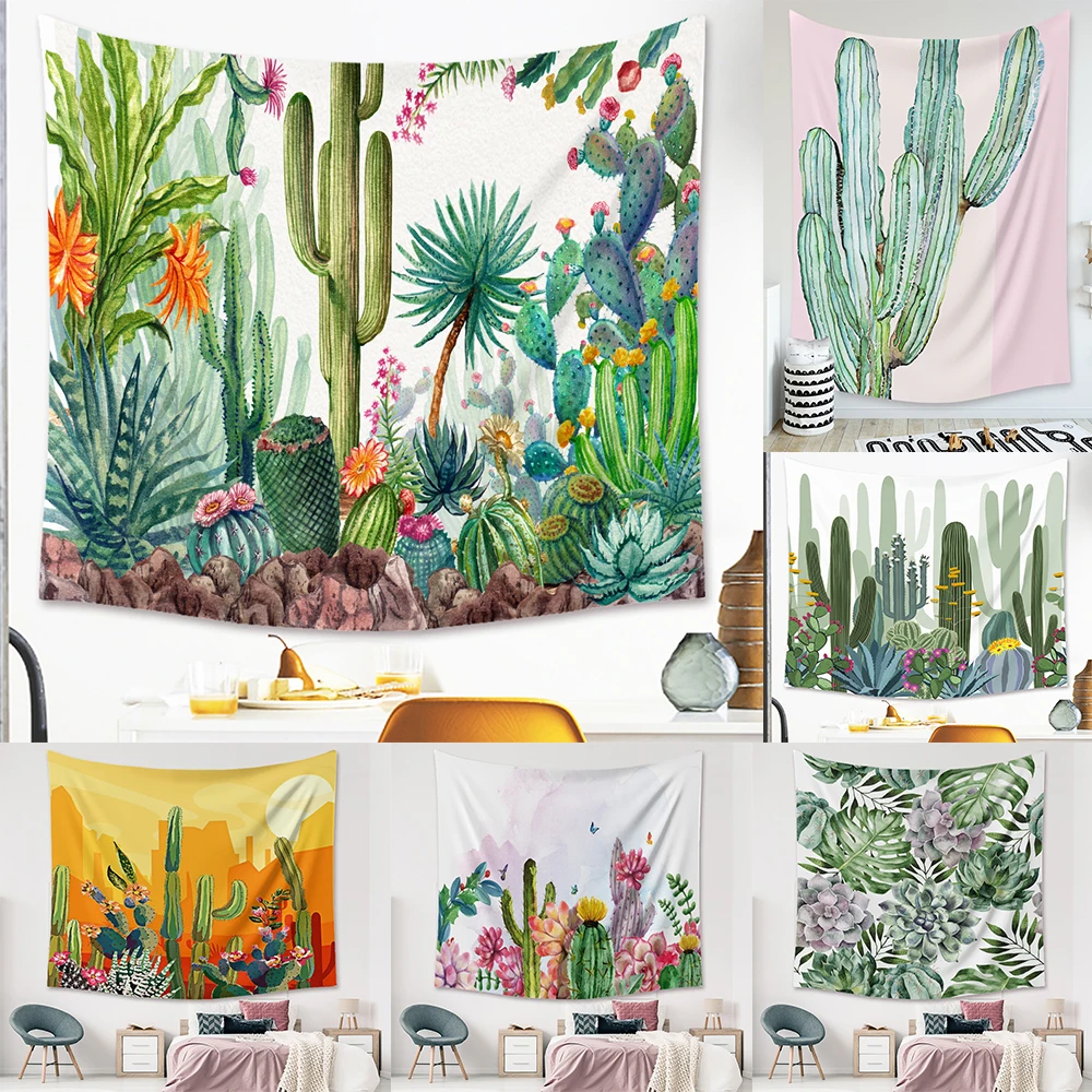 

Plant Decor Cactus Pink Tapestry Room Home Weed Tree Of Life Wall Hanging Nature Mat Textile Covering Orange Green Mural Kawaii