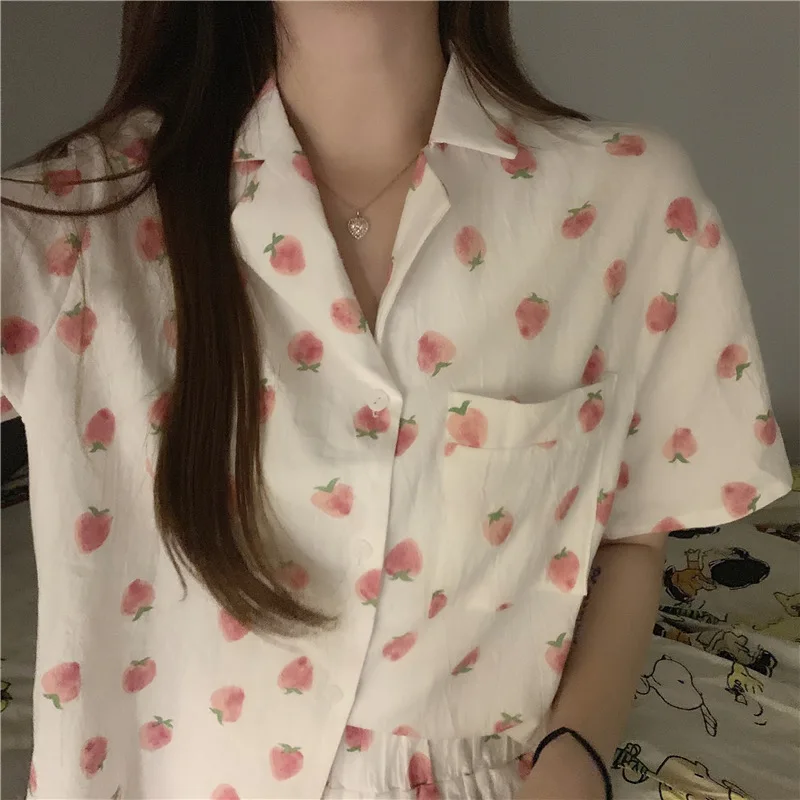 Sleepwear for Women Summer Silk Pajamas Sets Girls Korean Sweet Print Pijamas Plus Size Home Suit Japanese Loose Lapel Pyjamas
