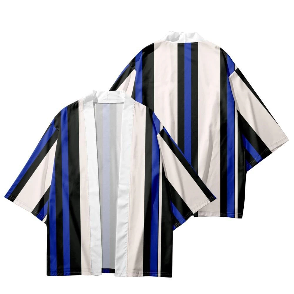 

Blue White Stripes Traditional Haori Fashion Women Men Clothing Male Female Street Cosplay Cardigan Kimono