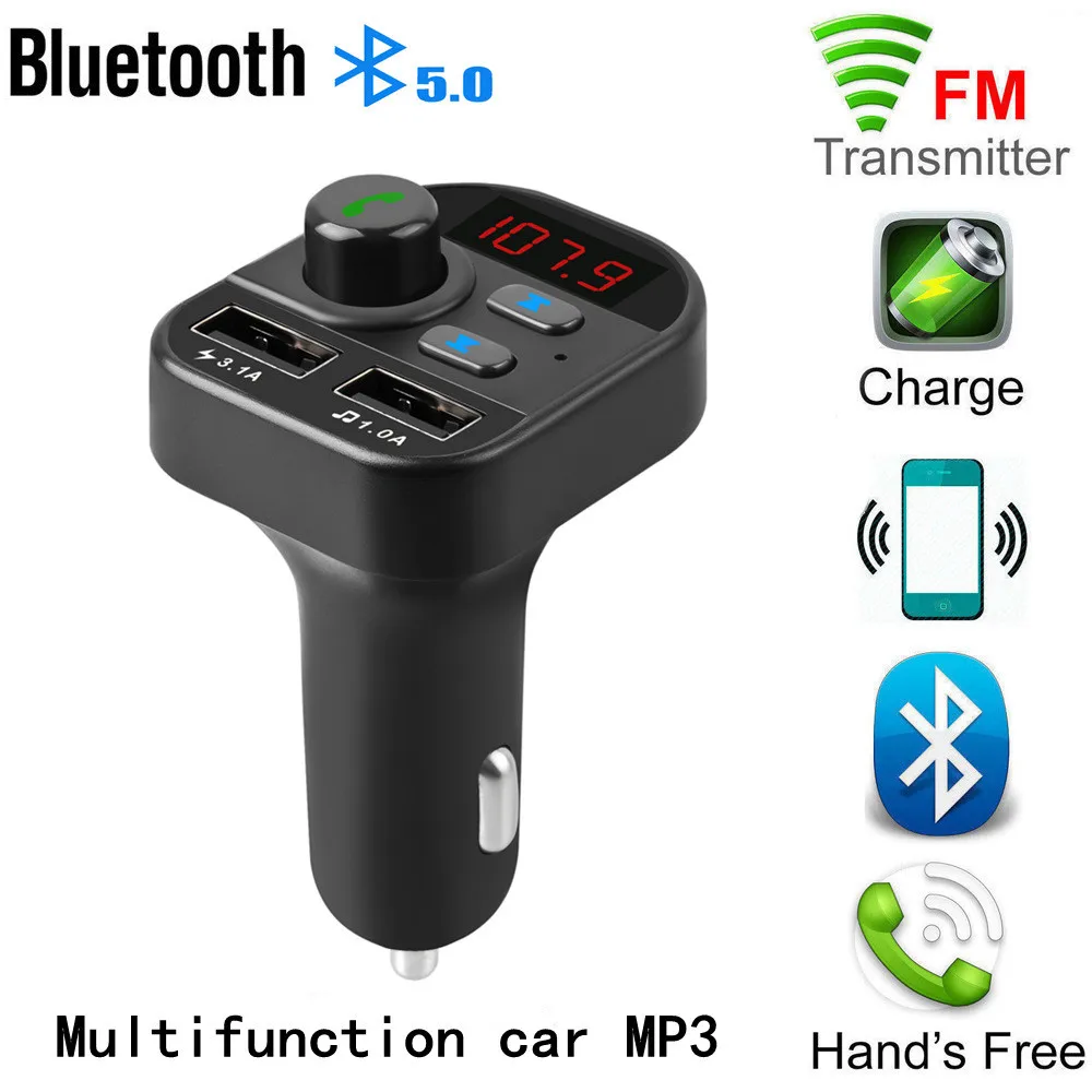 

Kebidu USB AUX FM Transmitter Bluetooth 5.0 Car Kit Dual USB Phone Charger Power Adapter LCD Digital Voltage Display For 12V 24V
