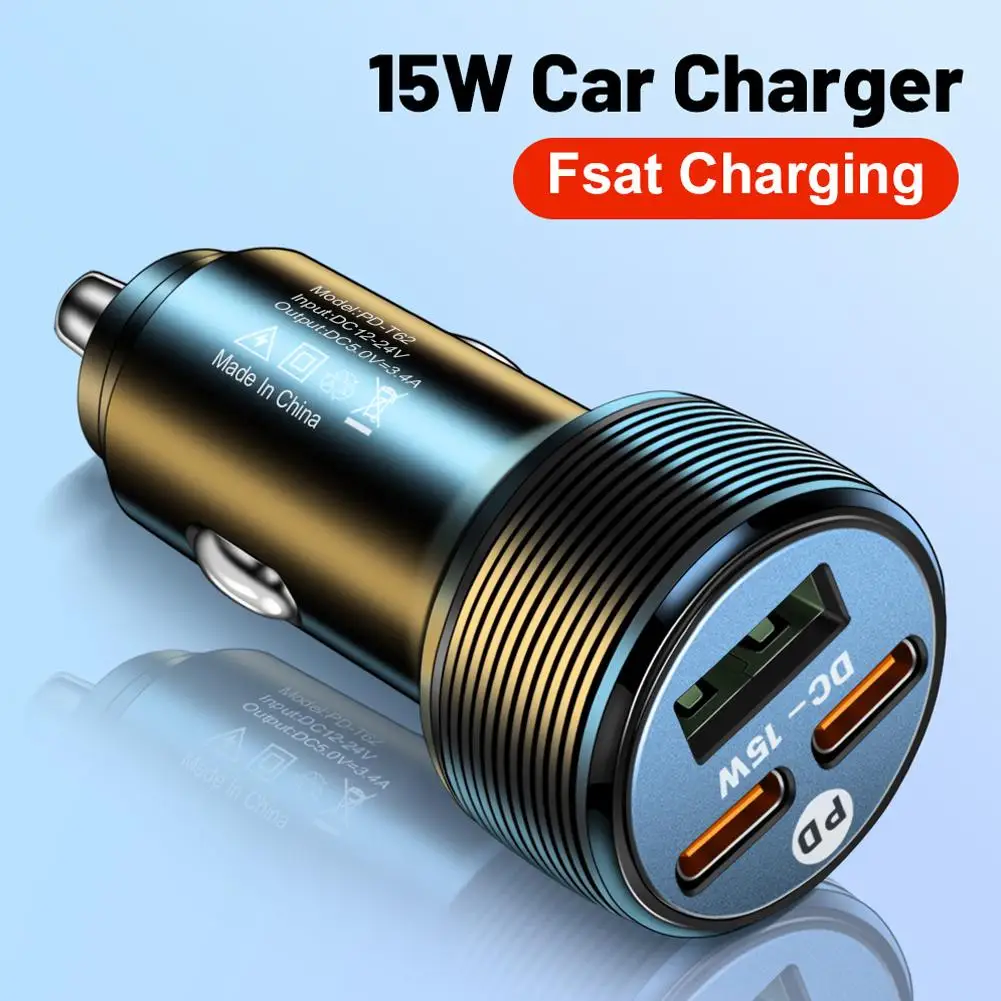 

15W USB Dual PD Car Charger Adapter 3 Ports Type C Car Fast Charging DC 5V 3A Mobile Phone Charger Cigarette Lighter Socket