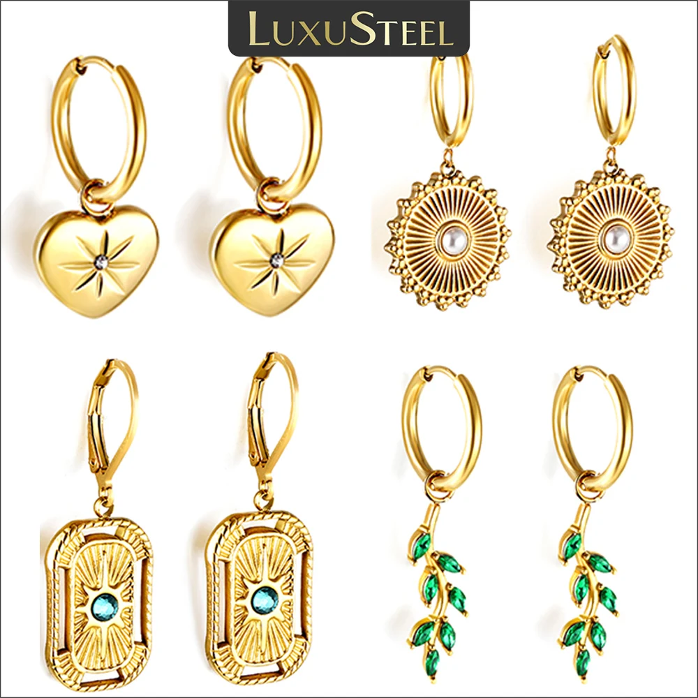

LUXUSTEEL Green White Color Crystal Zircon Hoop Earrings For Women Stainless Steel Heart Square Leaf Shape Pendant Earring Gifts