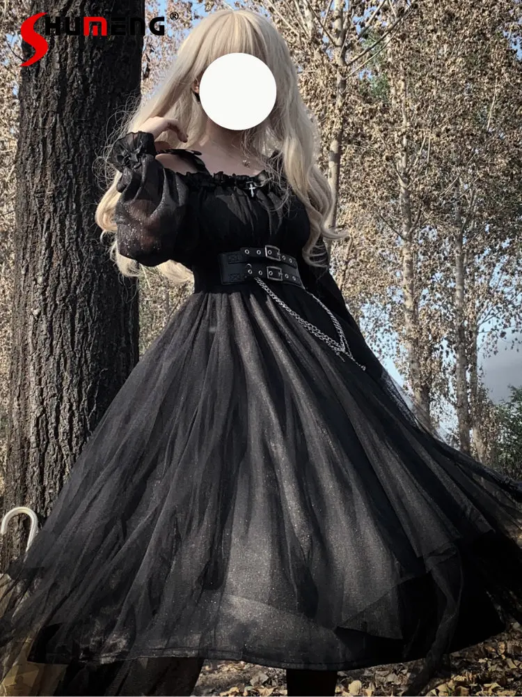 Original Op Gothic Style Lolita Bow Midi Dress Summer Ladies 2023 New French Retro Long Sleeve Chain Belted Black Dresses Women