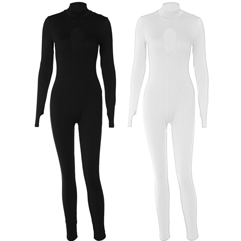 

Women Long Sleeve Mock Neck Bodycon Jumpsuit Sexy Cutout Front One Piece Rompers