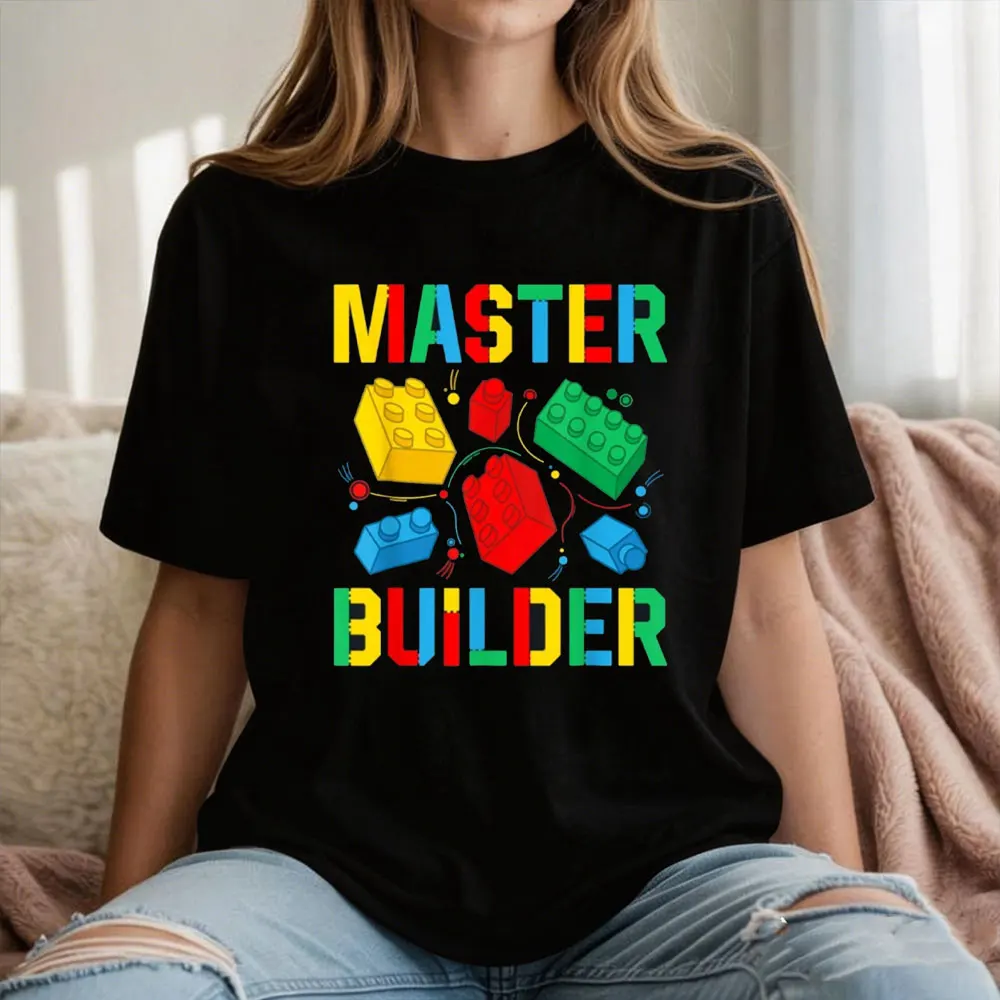 Фото Футболка Master Builder Building Blocks Brick Master Builder с красочным принтом строительных блоков, футболка с цветным принтом, повседневная одежда №1