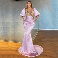 pink princess evening dress short puff sleeves rhinestones beading sweep train mermaid prom dresses pageant long formal gown