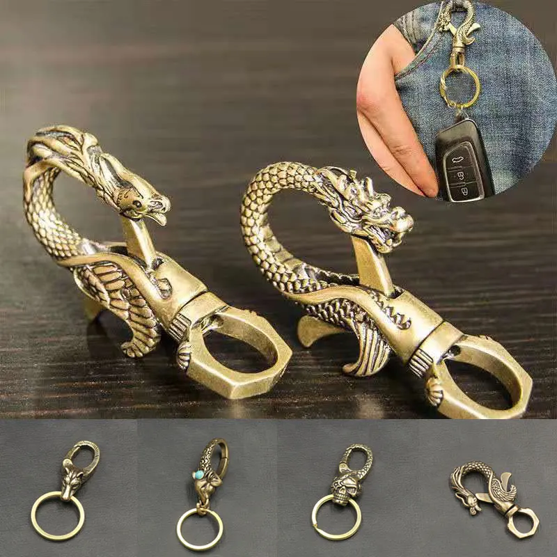 

1Pc Vintage Copper Dragon Head Keychain Antique Craft Key Chains Lobster Clasps Keyring Waist Buckle Brass Metal Car Key Holder