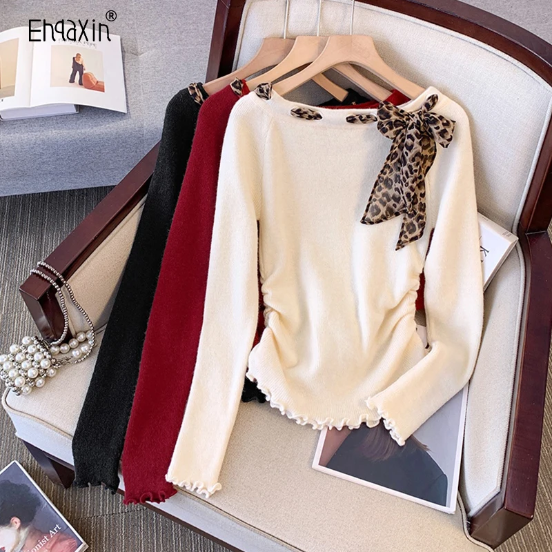 EHQAXIN 2024 новый осенне-зимний женский вязаный свитер элегантный топ на шнуровке с