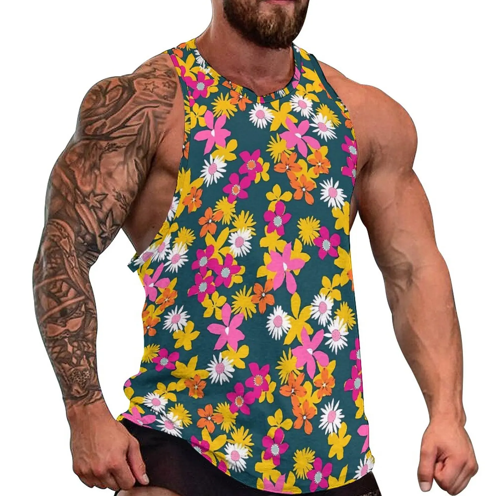 

Ditsy Floral Tank Top Man Colorful Flower Gym Oversize Tops Summer Fashion Graphic Sleeveless Shirts