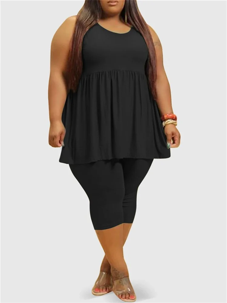 Plus Size Two Piece Women's Summer Clothing Sleeveless Draped Solid Casual Cute Loose Short Sets Whole 3xl 4xl 5xl 6xl
