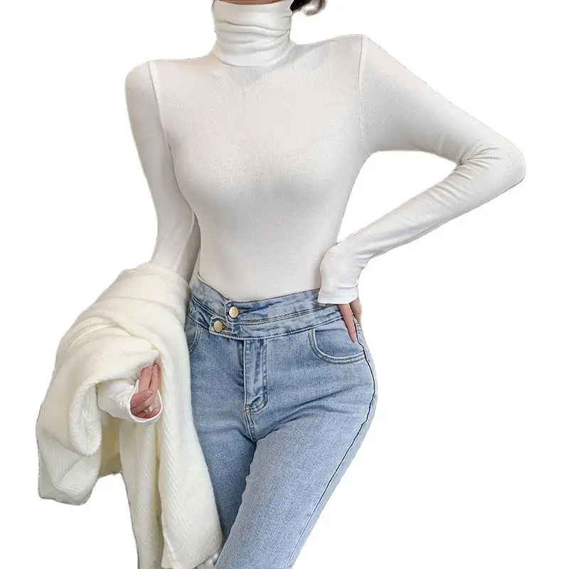 

Winter Fall Fashion Women Base T-shirt Long Sleeves Turtle Neck Thick Warm Slim Fit Knit Rayon Lady T-shirt