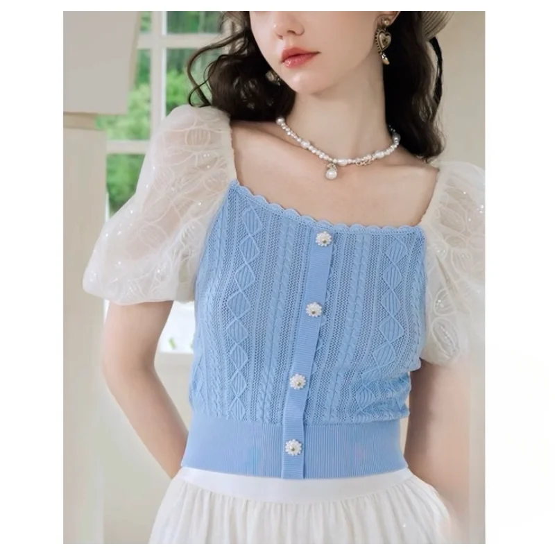 

VII Summer New Arrivals Brand Square Neck Mesh Patchwork Bubble Sleeve Tops For Female Women’s Korean Fashion With Free Shipping