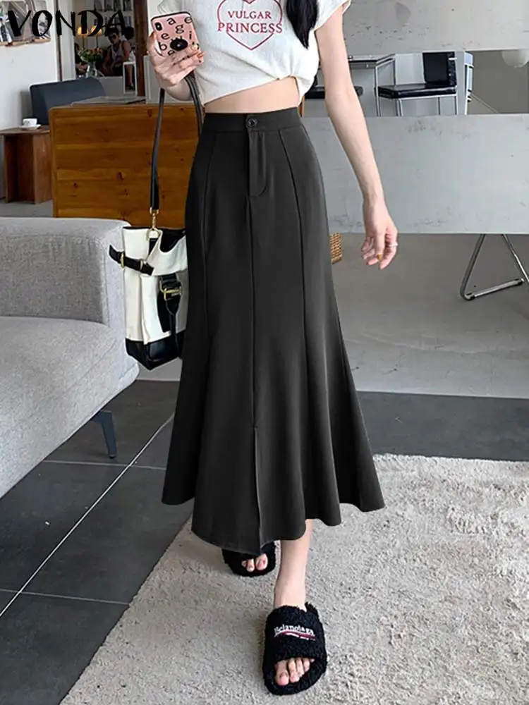 

VONDA Oversized Women Skirt Elegant Summer Button High Waist Zipper High Waist Faldas Saia Fashion Y2K Female Solid A-Line Jupe
