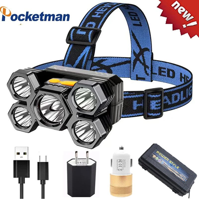 

5LED built-in 18650 lithium battery headlamp, four gear rechargeable portable high-intensity headlight with USB cable
