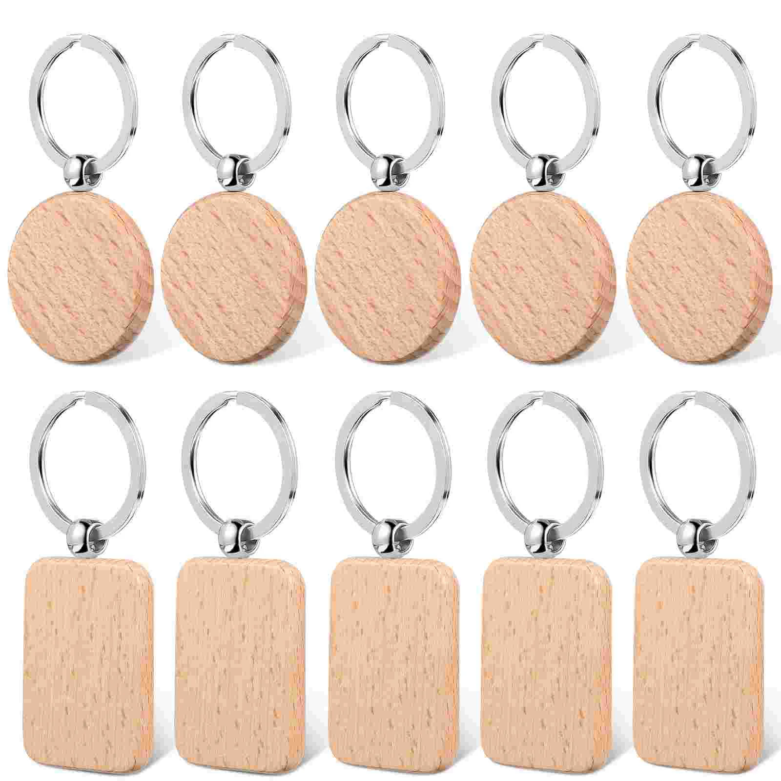 

10 Pcs Blank Wooden Key Tag Keychains Rectangle and Round Shape Wood Pendant Keyrings