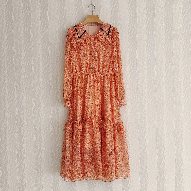 

Orange Color Turn-down Collar Ruffles Long Dress Flower Print Maxi Size Lantern Sleeve Elegant Party Vacation Dresses