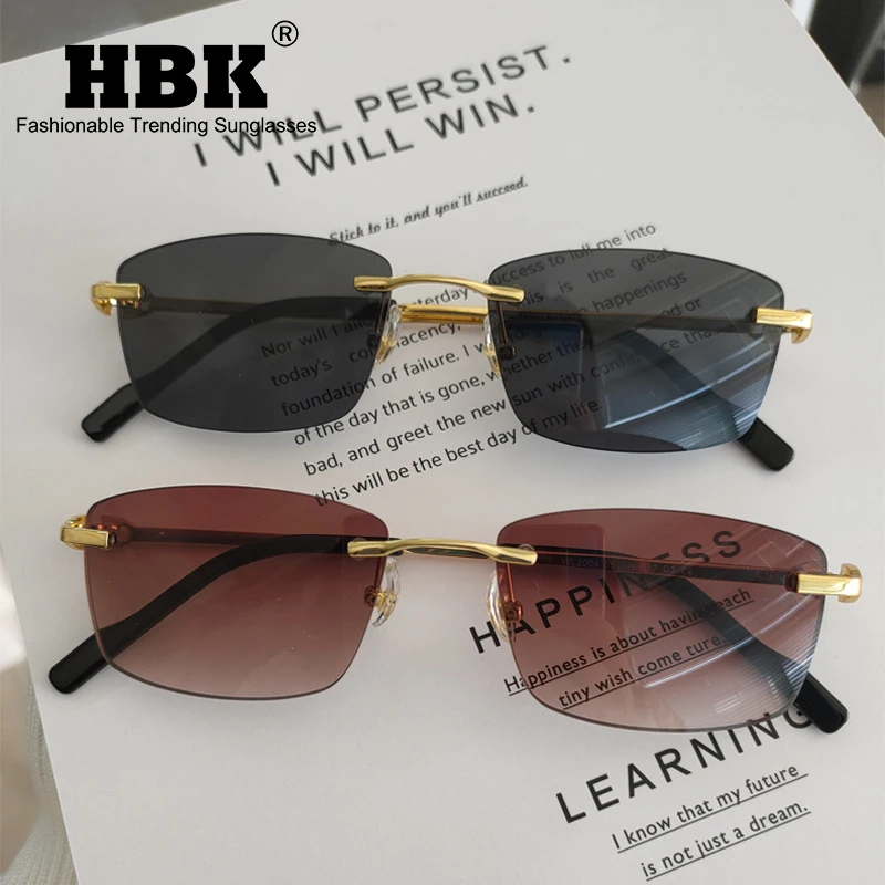 

HBK Frameless Polygon Sunglasses Women Men High Quality Square Metal Gold Male Rimless Sun Glasses for Men Blue Brown UV400