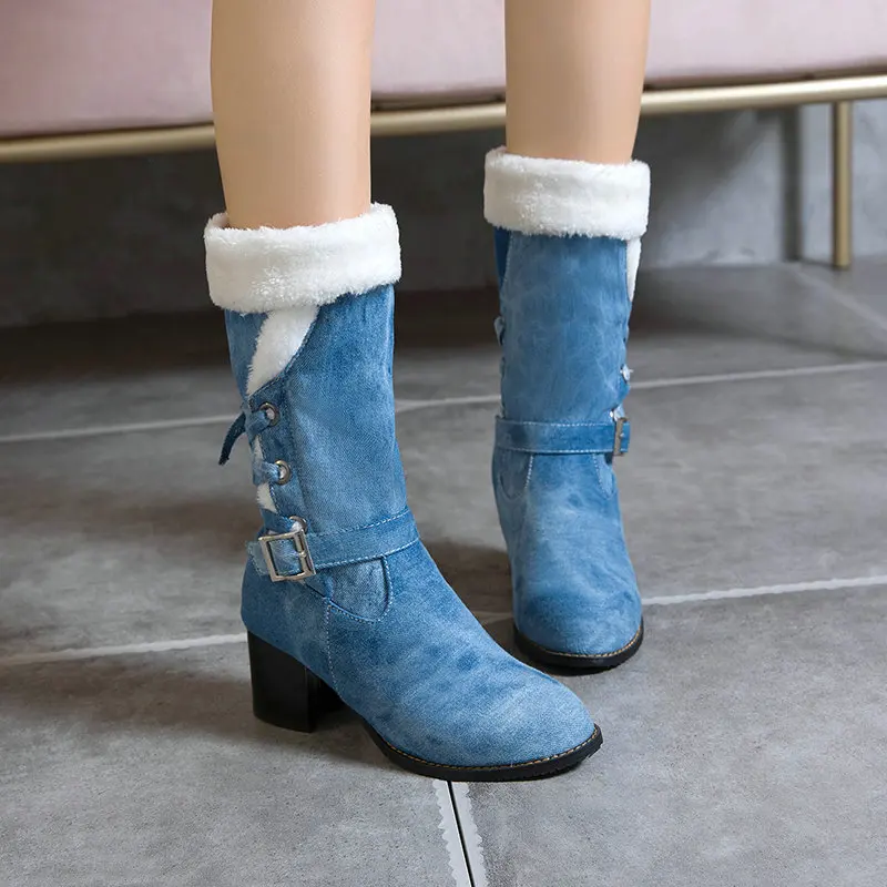 

Plus Size 6CM Heels Ladies Mid-calf Shoes Comfort Botas Mujer Top Quality Women Snow Boots Warm Thick Fur Winter Boots Shoe