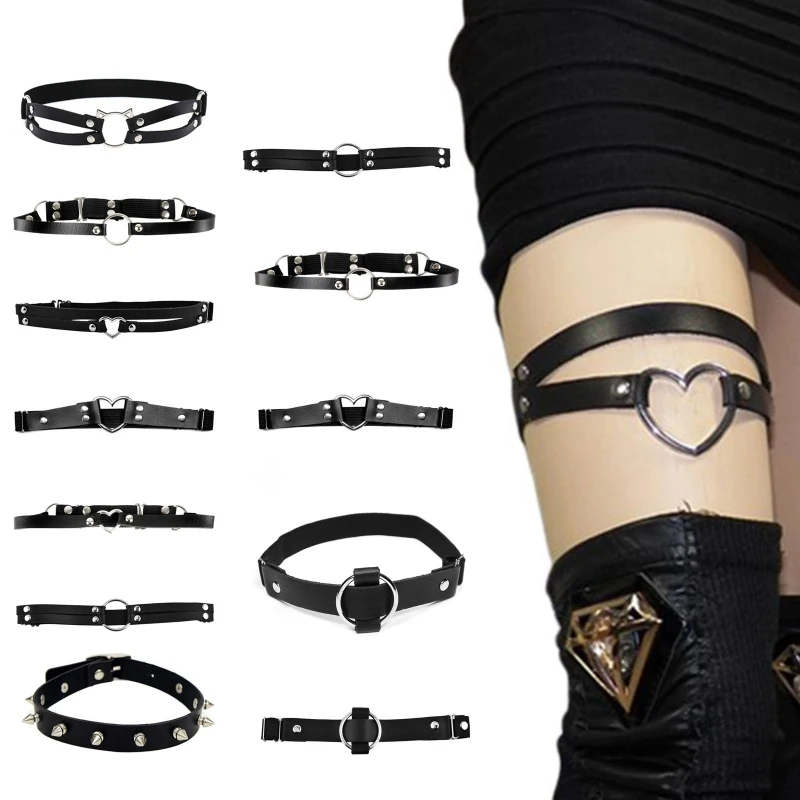 

652F Gothic Leg Garter Belt with Alloy Decor PU Leather Thigh Chain Elastic Sexy Body Chain Jewelry Nightclub Party for Girl