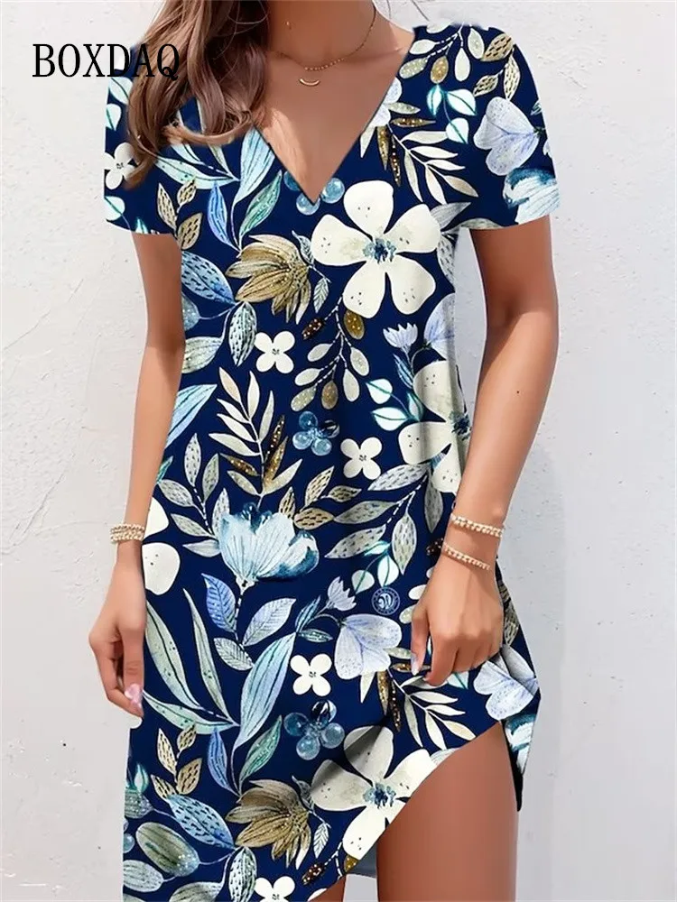 

Retro V-Neck Floral Printed Dresses Women Vintage Short Sleeve Summer A-Line Elegant Party Dress Ladies Casual Loose Boho Dress