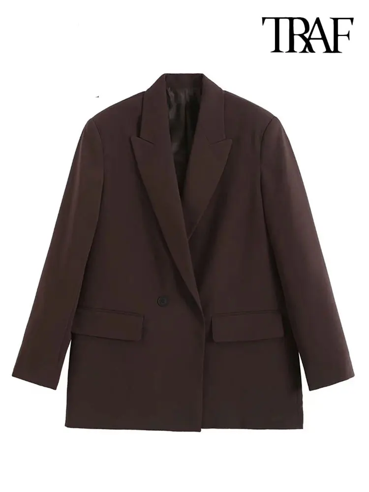 TRAF Women Fashion Double Breasted Loose Fitting Blazer Coat Vintage Long Sleeve Pockets Female Outerwear Chic Veste Femme