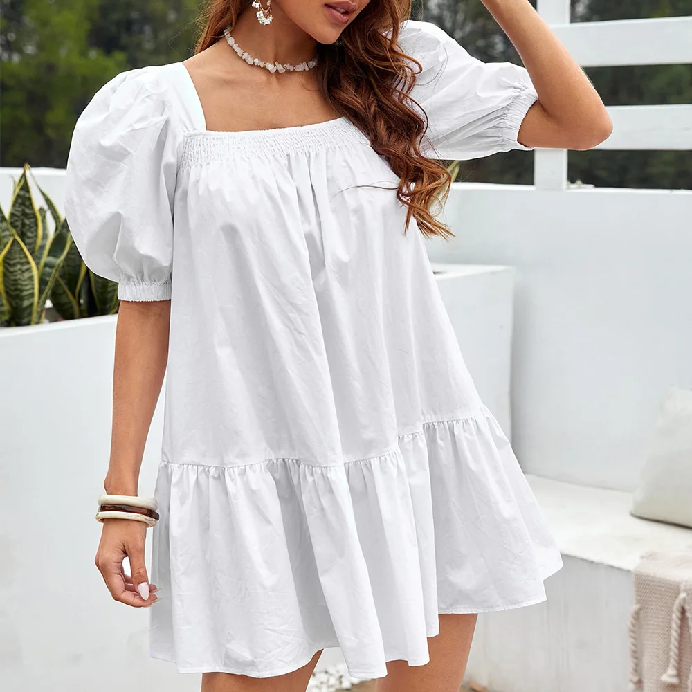 Vintage Idyllic Puffy Dress Temperament Age Reducing Fashion Versatile Bubble Sleeve Pleated Dress