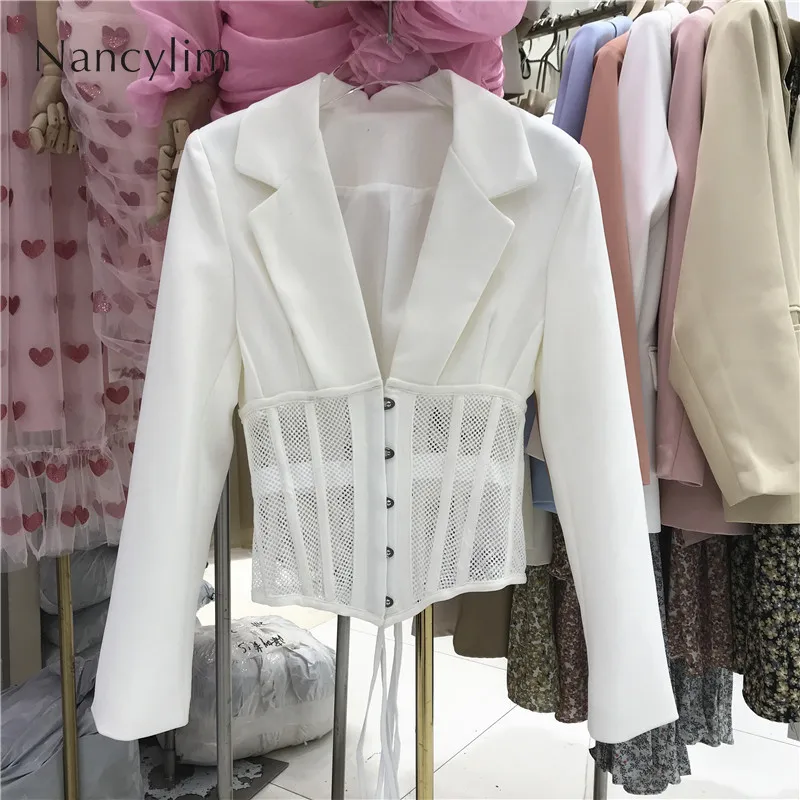 

2022 Spring Summer White Blazer for Women Slim Fit Stitching Mesh Fishbone Suit Coat New Design Long Sleeve Top