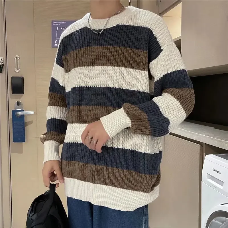 Осень/зима модный полосатый утолщенный шерстяной свитер с круглым вырезом и для